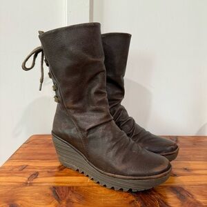 Fly London Yada Diesel Brown Leather Wedge Mid Calf Boots 39